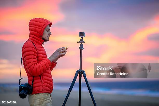 Photographer Working Outside In The Early Morning Stock Photo - Download Image Now - 2015, Adult, Adults Only