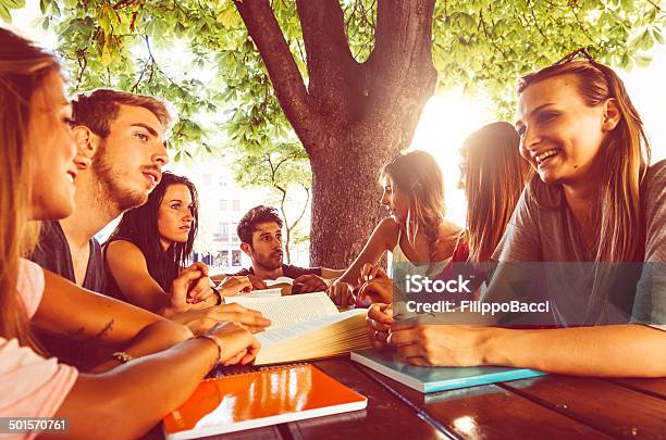 Friends Studying Outdoor Stock Photo - Download Image Now - Campus, Retro Style, 14-15 Years