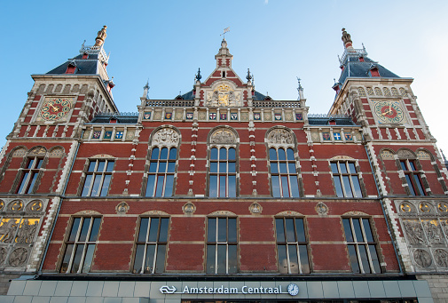 Amsterdam, the Netherlands-May 01,2015: Facade of the Amsterdam Centraal Station in Amsterdam, Netherlands.