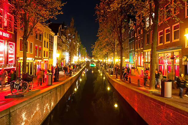 Red light district (Wallen) at night, the Netherlands. stock photo