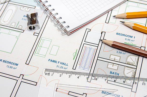 istock Construction planning drawings and three yellow pencils with ruler 501573128