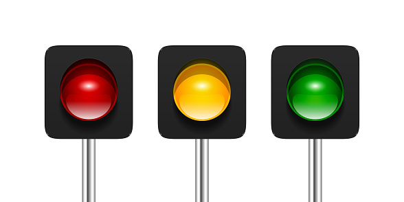 Vector single aspect traffic signals isolated on white background. Red, amber and green traffic lights icons for your design.