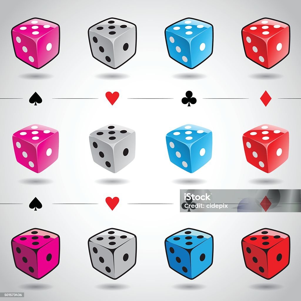 Colorful Dices and Card Suits Vector Illustration 3d Colorful Glossy Dices and Card Suits isolated on a white background Black Color stock vector