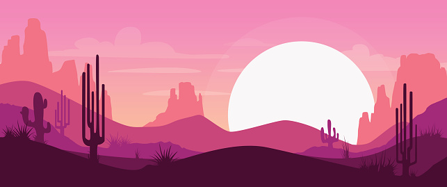 Cartoon desert landscape with cactus, hills and mountains silhouettes, vector nature horizontal background