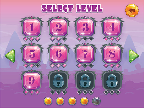 Cartoon level selection game screen, vector crystal games assets on fantastic background