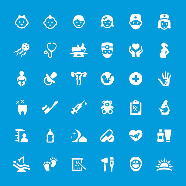 педиатр и здравоохранение, vector icon set - doctor medical injection female general practitioner stock illustrations