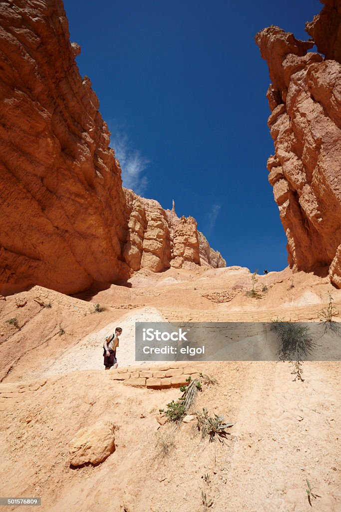 Bryce Canyon National Park : Hiker on Navajo Trail The Amphitheatre rock formation. Dirt Road Stock Photo