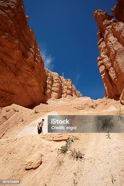 Bryce Canyon National Park Hiker On Navajo Trail Stock Photo - Download Image Now - Dirt Road, Low Angle View, Rough