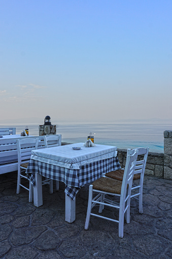 Fish restaurant in Greece. Table, sea view