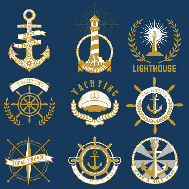 nautische etiketten set - silhouette passenger ship nautical vessel mode of transport stock-grafiken, -clipart, -cartoons und -symbole