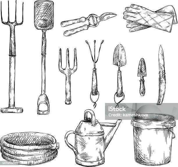 Set Of Gardening Tools Drawings Vector Illustrations Stock Illustration - Download Image Now