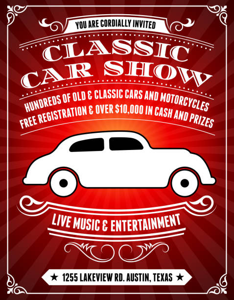 Classic Car Show Poster on Red Background Classic Car Show Poster on Red Background car show stock illustrations