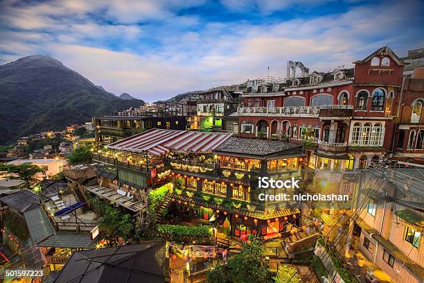 Hillside Teahouses In Jiufen Taiwan Stock Photo - Download Image Now - Architecture, Arranging, Asia