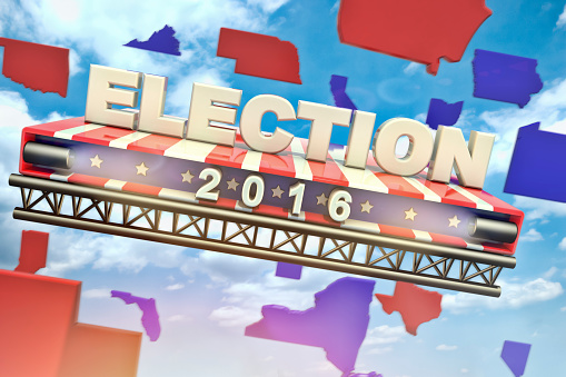 USA Presidential Election 2016 3D Concept.  The 3D words Election and 2016 are on the red white and blue Presidential stage with stars and spotlights.  The stage is mid-air with red and blue states flying by the stage.  Please see my portfolio for other 3D and concept images. 