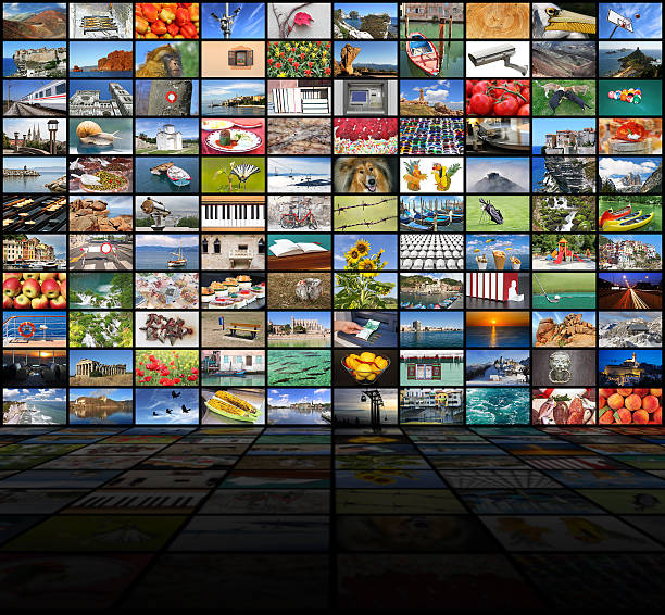 Big video wall of the TV screen A variety of images as a big video wall of the TV screen wide screen photos stock pictures, royalty-free photos & images