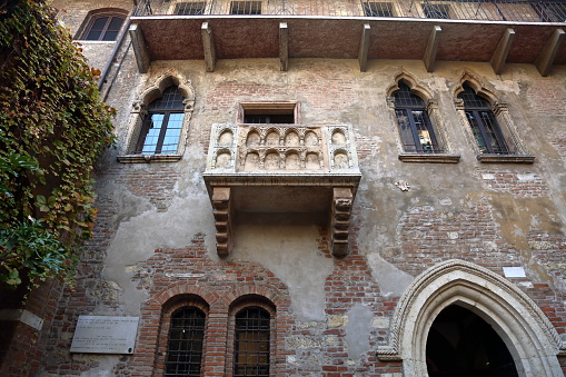 View from below of Juliet's Balcony, Verona, Italy on the Casa di Giulietta, now a museum and said to have inspired Shakespeare when writing Romeo and Juliet