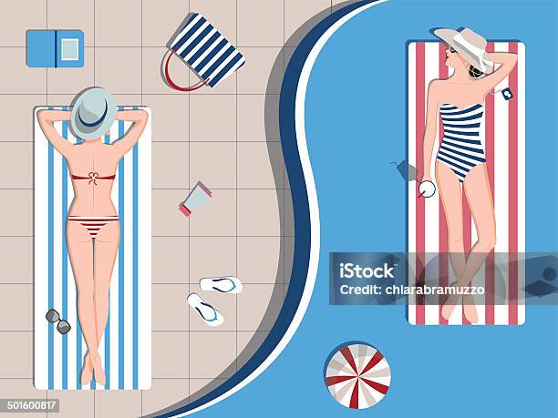 Relaxing At The Swimming Pool Stock Illustration - Download Image Now - Beach Towel, Women, Bikini