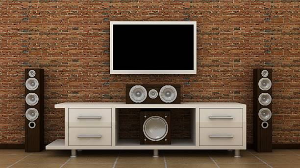 istock Empty LED TV on television shelf with home theater 501602430