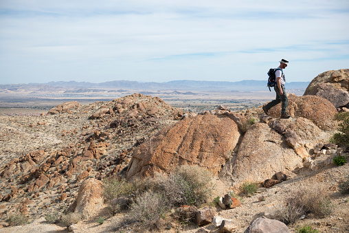 Joshua Tree National Park, USA - March 17, 2015: A man hikes at the Fortynine Palms Oasis Trail in Joshua Tree National Park in California. In the valley below is the town of Twentynine Palms.
