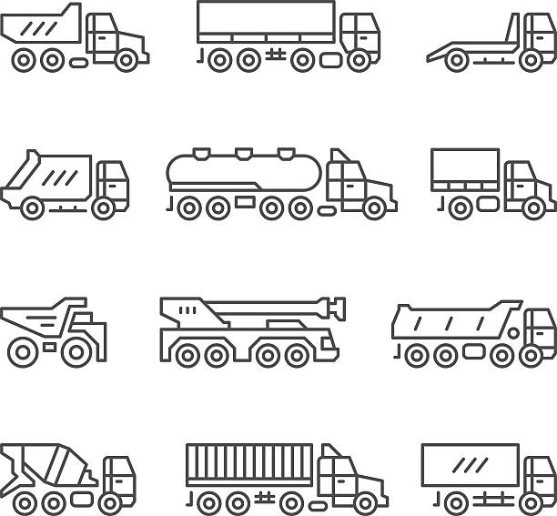 ilustraciones, imágenes clip art, dibujos animados e iconos de stock de conjunto de iconos de camiones - trucking