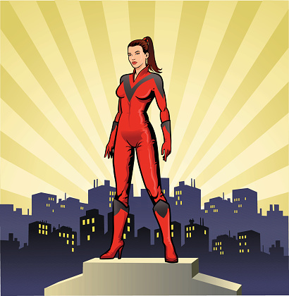 Female Superhero in Standing Pose With Skyline