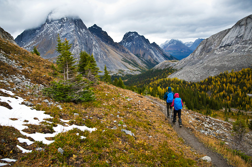 A man and woman enjoy a rainy day hike in Peter Lougheed Provincial Park, Alberta, Canada.