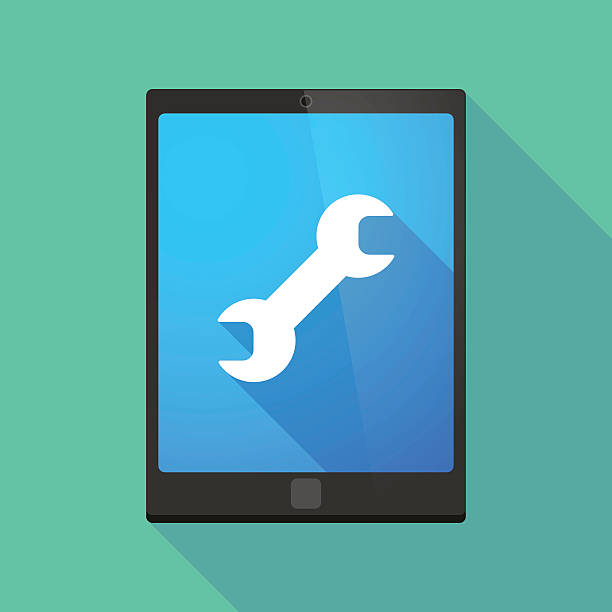 Tablet pc icon with a wrench Illustration of a tablet pc icon wit a wrench plumber tablet stock illustrations