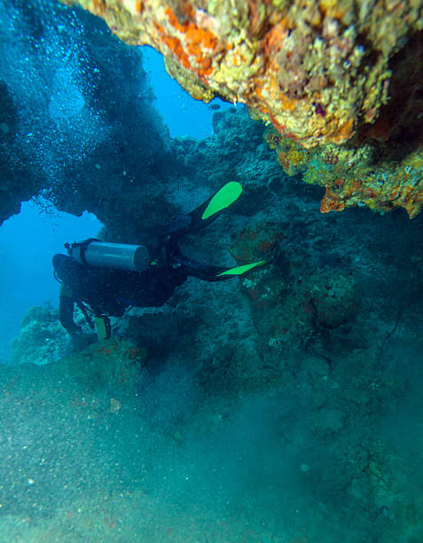 istock Scuba Diver Swimming thru Cave, Maldives 501607252