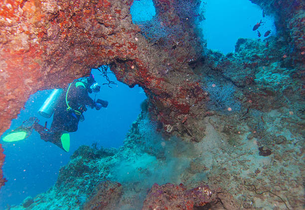 istock Scuba Diver Swimming thru Cave, Maldives 501607274