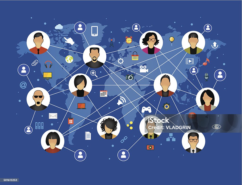 Social network concept Flat design background the Communications in a global computer network. Аvatars set on world map background surrounded interface icons. Social media concept. File is saved in AI10 EPS version. This illustration contains a transparency. The source of the map used for reference:hhttp://www.evl.uic.edu/pape/data/Earth/. Drawing in Adobe Illustrator.The date file was created: 15.06.2011. Abstract stock vector