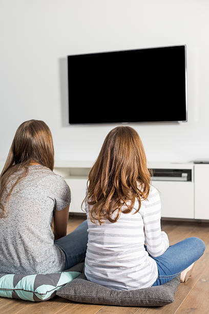 istock Rear view of sisters watching TV at home 501616063
