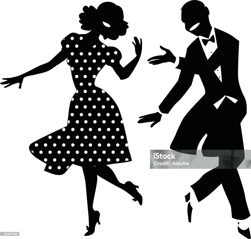 Dancing couple silhouette Black vector silhouette of a dancing couple in vintage apparel, no white objects, EPS 8 Dancing stock vector