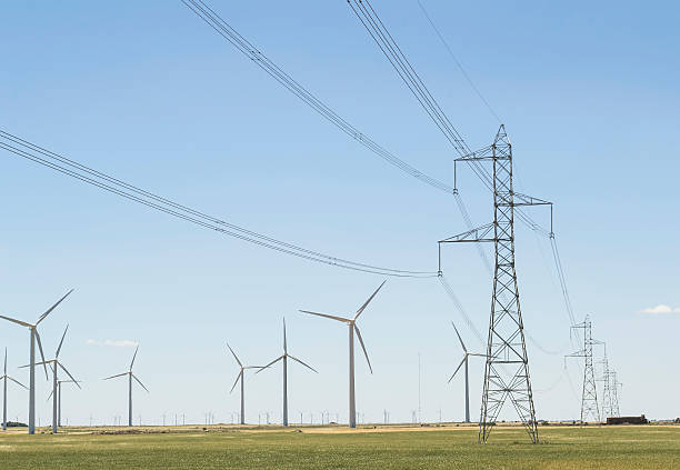 istock Wind turbines park and electric power lines 501618015