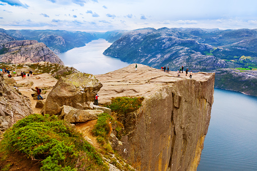 Cliff Preikestolen in fjord Lysefjord - Norway - nature and travel background