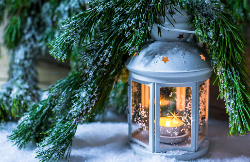 Christmas Lantern Under Tree, Winter Background