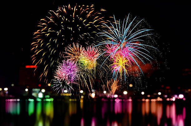 istock Fireworks celebration and the city night light background. 501625494