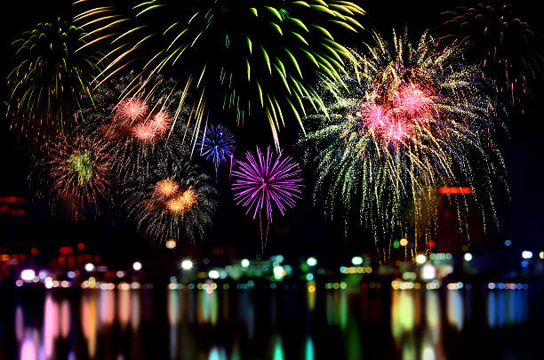 istock Fireworks celebration and the city night light background. 501625856