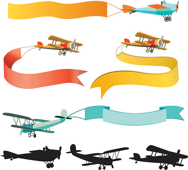 세트마다 빈티지 항공기 및 배너 - airplane banner biplane retro revival stock illustrations