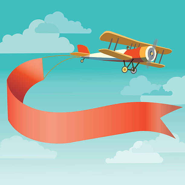 ilustrações, clipart, desenhos animados e ícones de avião retrô com banner - airplane biplane retro revival old fashioned
