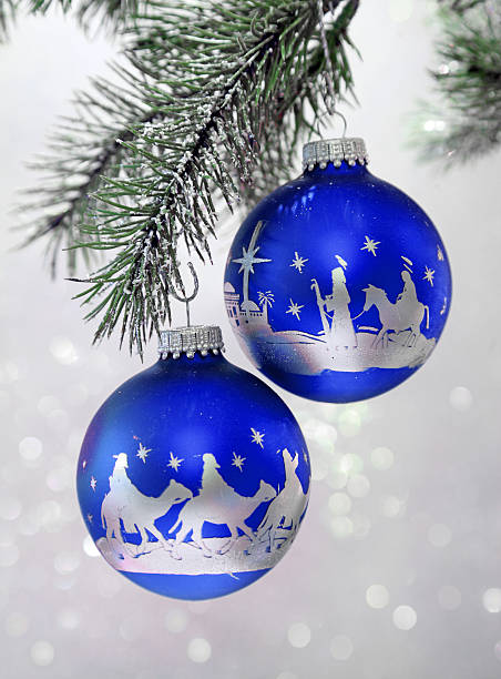 istock Religious: Silver Christmas Nativity Scene on blue ornaments 501628162