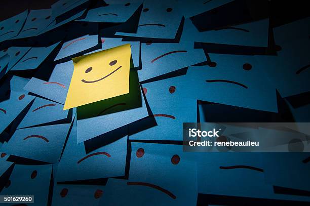Positive And Negative Smiley Post It Stock Photo - Download Image Now - Adhesive Note, 2015, Anthropomorphic Smiley Face