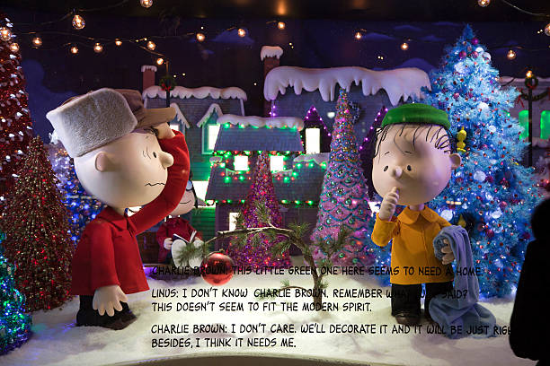 Christmas Peanuts window display at Macy's in NYC stock photo