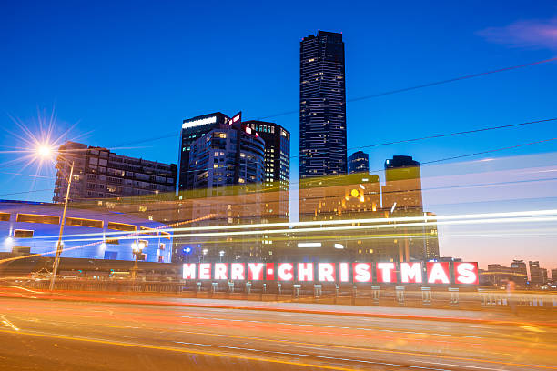 Merry Christmas sign in Melbourne CBD at night