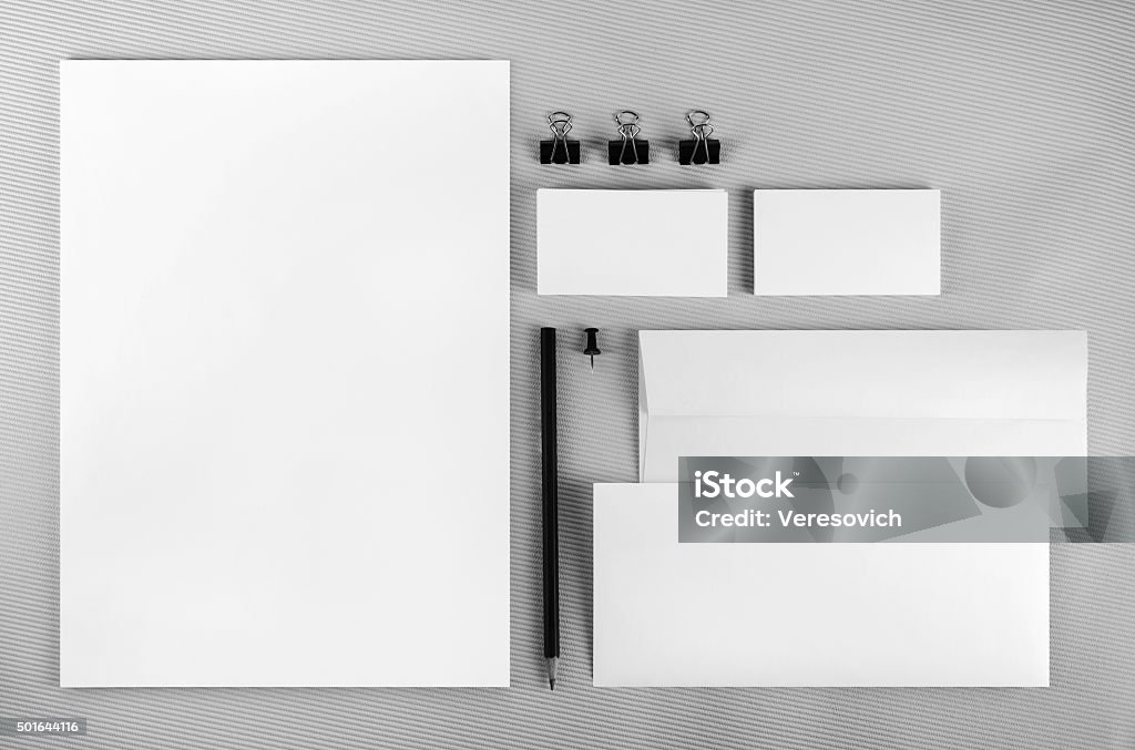 Branding identity set Blank branding identity set on gray background. Corporate identity template. For design presentations and portfolios. Top view. Template Stock Photo