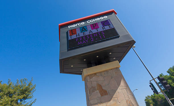 Pierce College Sign Los Angeles, USA - April 21, 2014: Pierce College Sign in Los Angeles. Los Angeles Pierce College, also known as Pierce College and just Pierce, is a community college that serves more than 23,000 students. woodland hills los angeles stock pictures, royalty-free photos & images