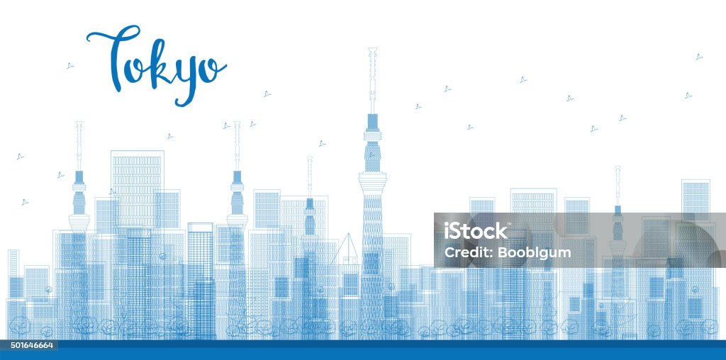 Outline Tokyo City Skyscrapers in blue color. Outline Tokyo City Skyscrapers in blue color. Vector illustration. Business and tourism concept with skyscrapers. Image for presentation, banner, placard or web site Office Building Exterior stock vector