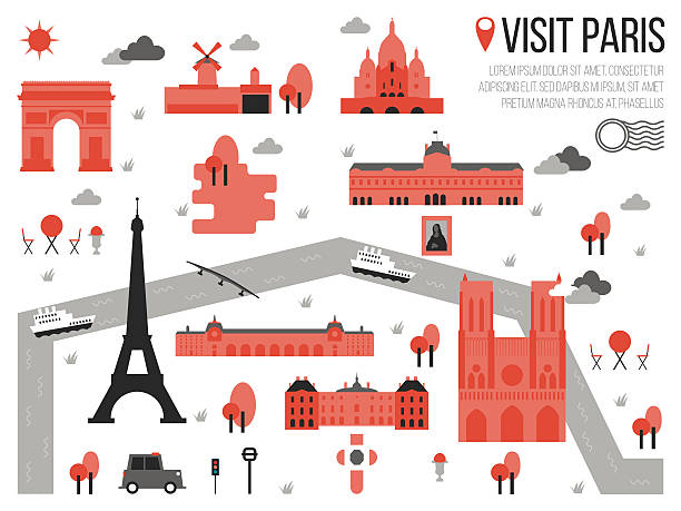 Visit Paris Illustration of Graphic Travel  Map of Paris, France musee dorsay stock illustrations