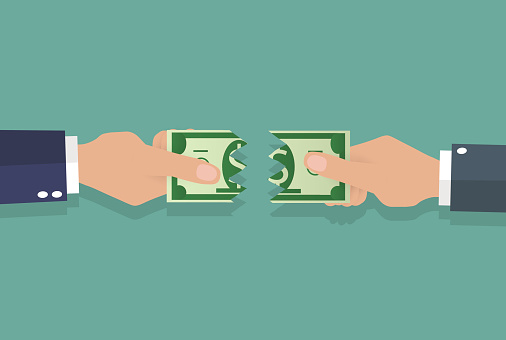 businessman hands tearing apart money banknote into two peaces. vector illustration in flat design on green background