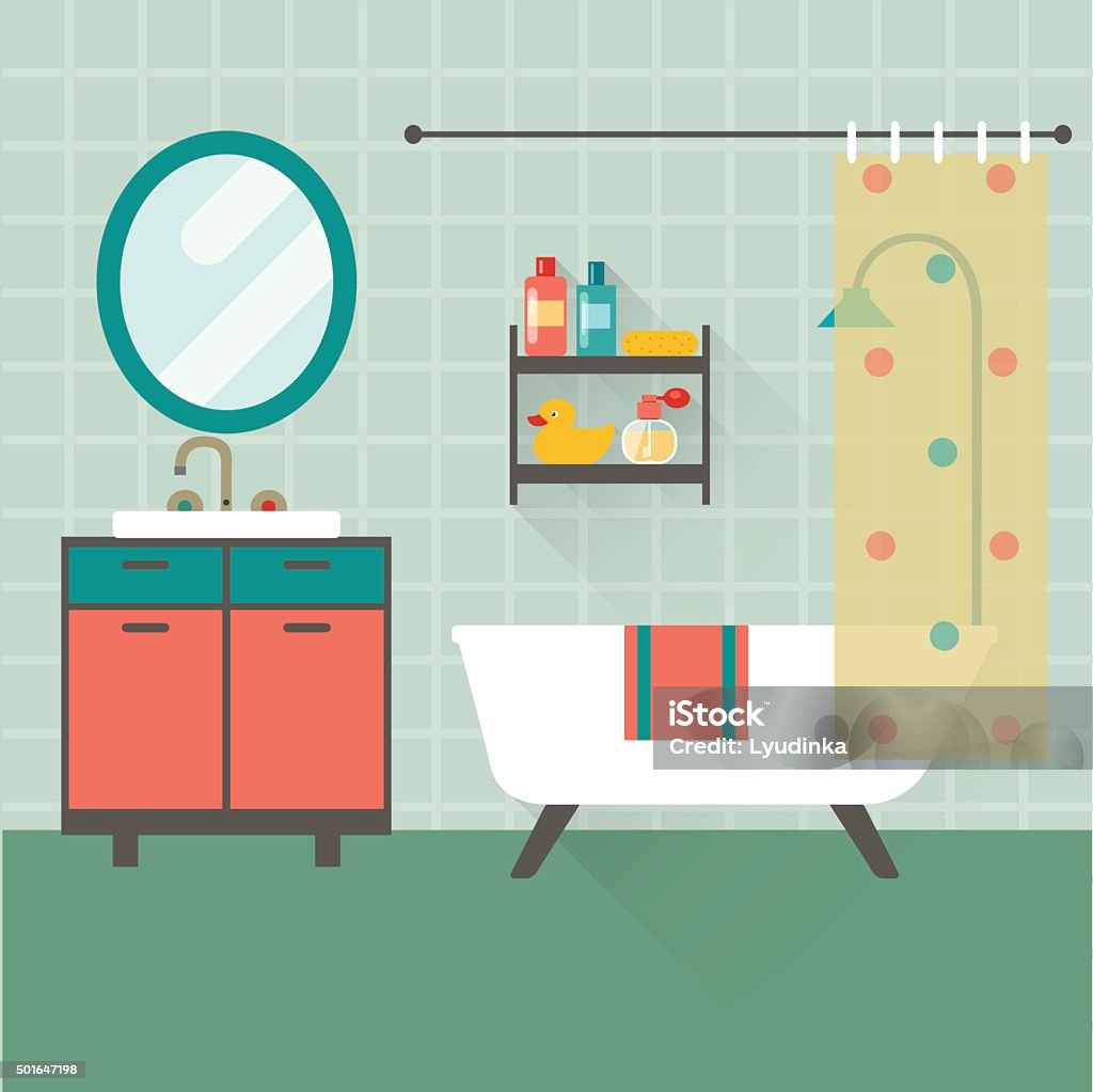 Bathroom with furniture. Flat style vector illustration. Bathroom with furniture and long shadows. Flat style vector illustration. Domestic Bathroom stock vector