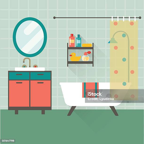 Bathroom With Furniture Flat Style Vector Illustration Stock Illustration - Download Image Now